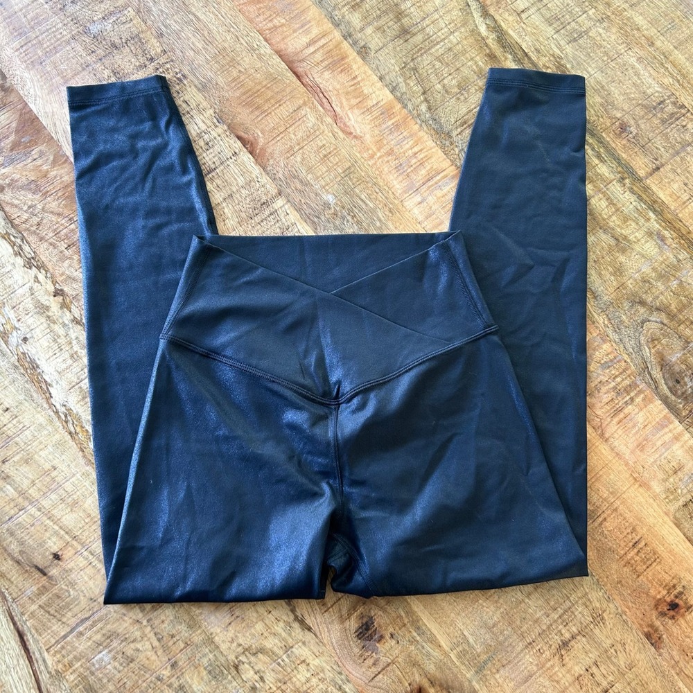 CRZ YOGA Faux Leather Crossover High Waist Leggings Black Metallic Small 4/6